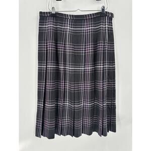 Vintage Pendleton Skirt Womens 16 Gray Purple Plaid Pleated 100% Wool Zip Button